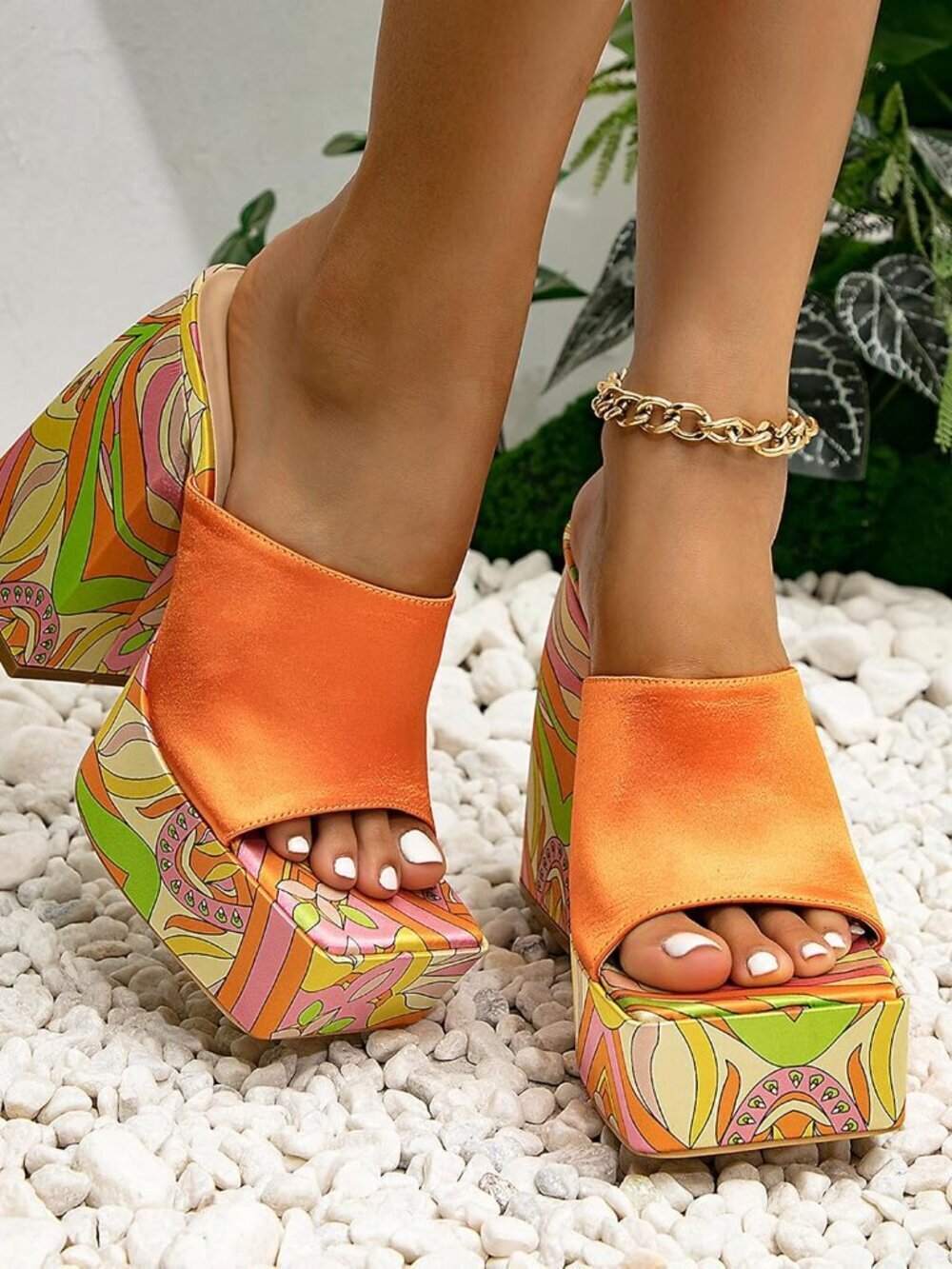 Women's Orange Chunky Platform High Heels Square Open Wedge Sandals Shoes - Picture 3 of 7